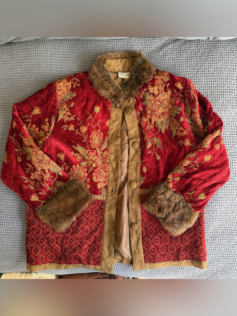 Fall Tapestry Jacket Vintage Isabella’s Journey Faux Fur Suede Size XXL Red Gold